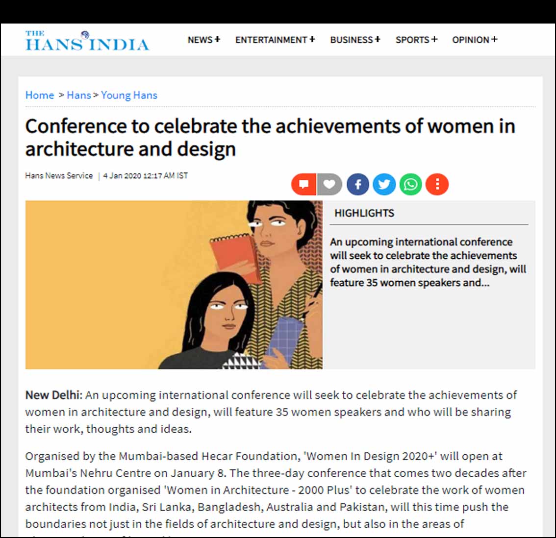 Conference to celebrate the achievements of women in architecture and design, The Hans India - January 2020